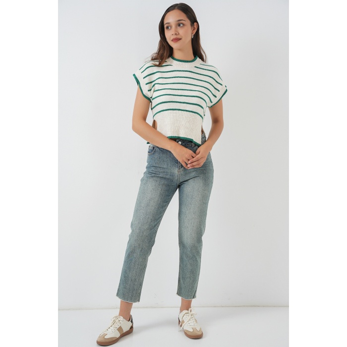 Kadın Çizgili Triko Süveter 15926 - Zümrüt Yeşili