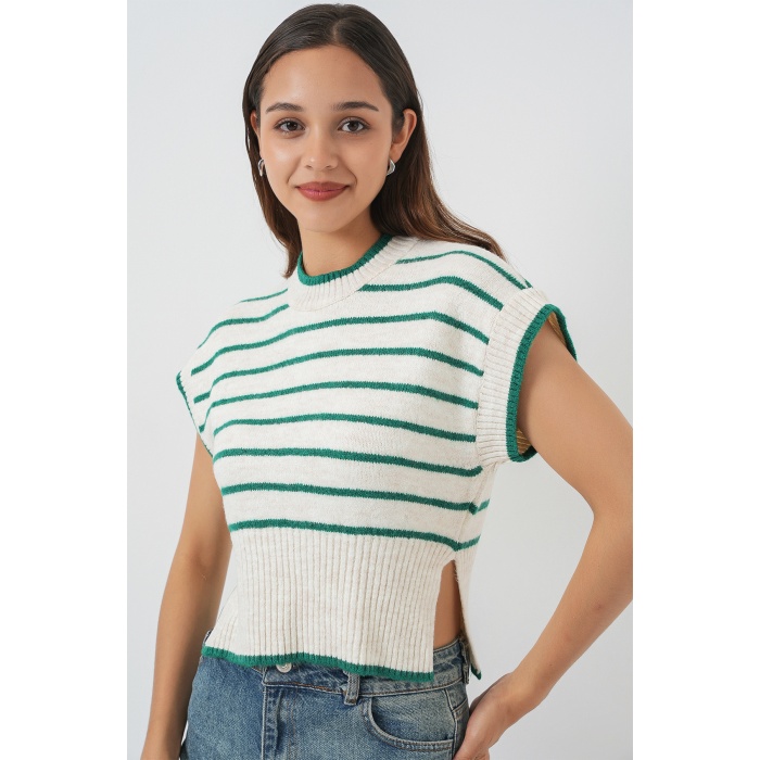 Kadın Çizgili Triko Süveter 15926 - Zümrüt Yeşili