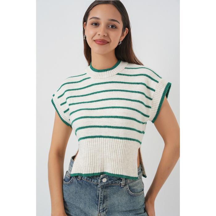 Kadın Çizgili Triko Süveter 15926 - Zümrüt Yeşili