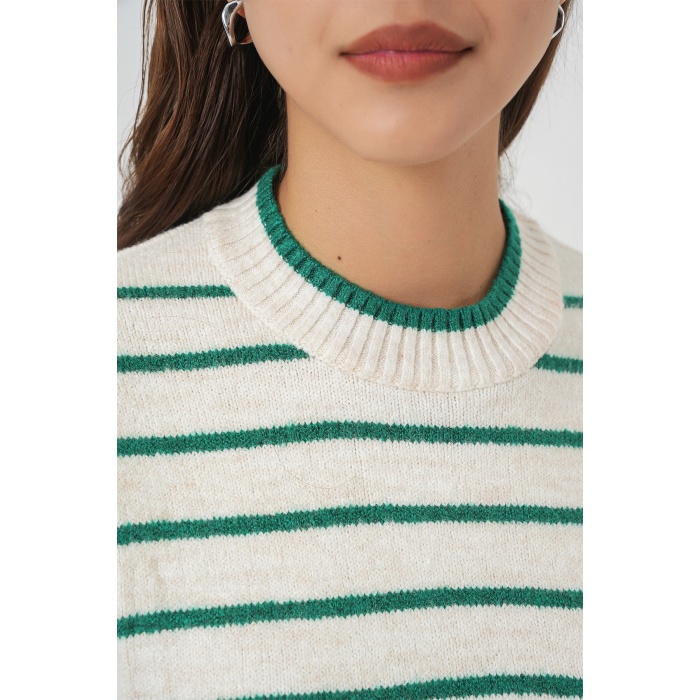 Kadın Çizgili Triko Süveter 15926 - Zümrüt Yeşili