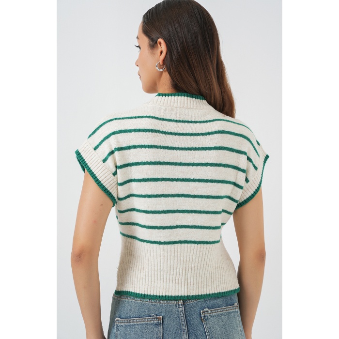 Kadın Çizgili Triko Süveter 15926 - Zümrüt Yeşili