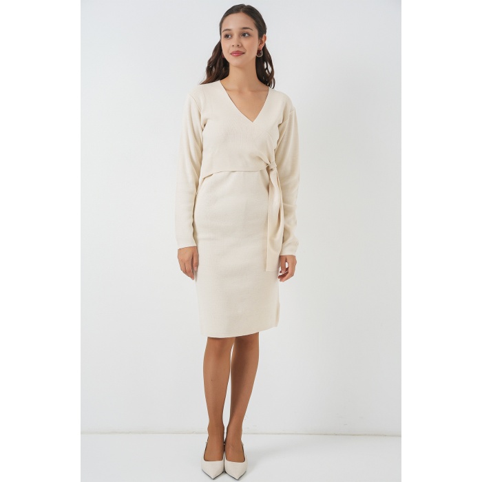 Kadın Kruvaze Yaka Triko Elbise 15928 - Ekru