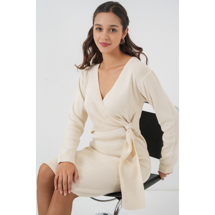 Kadın Kruvaze Yaka Triko Elbise 15928 - Ekru