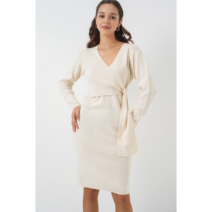Kadın Kruvaze Yaka Triko Elbise 15928 - Ekru