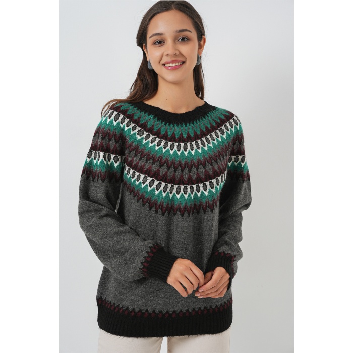 Kadın Desenli Triko Kazak 15932 - Antrasit