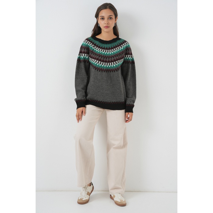 Kadın Desenli Triko Kazak 15932 - Antrasit