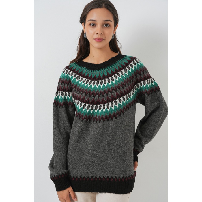 Kadın Desenli Triko Kazak 15932 - Antrasit