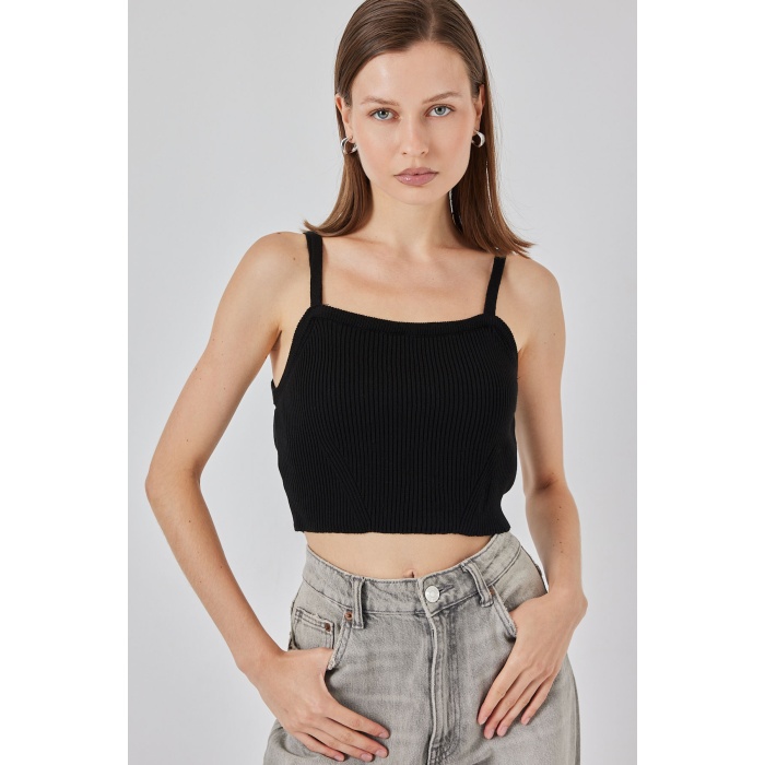 Kadın Askılı Crop Top Bluz 15934 - Siyah