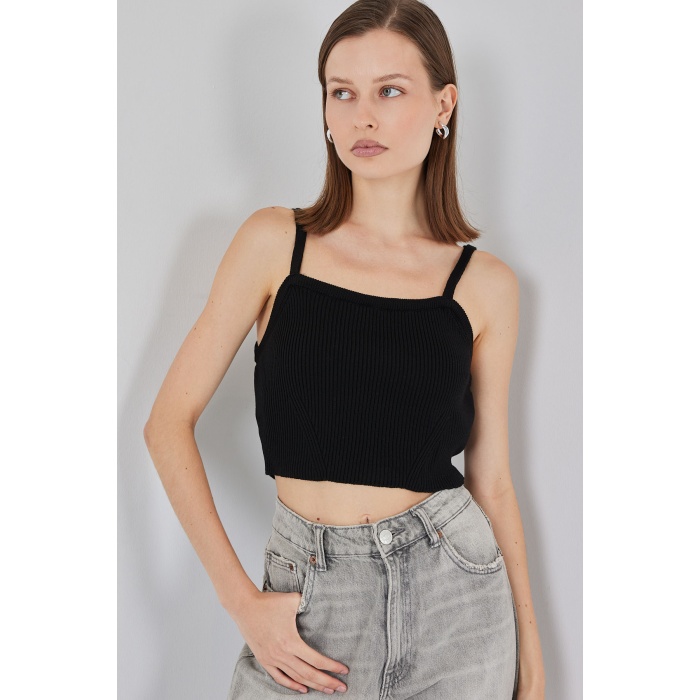 Kadın Askılı Crop Top Bluz 15934 - Siyah
