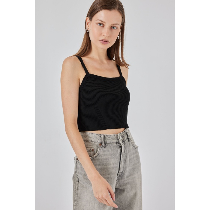 Kadın Askılı Crop Top Bluz 15934 - Siyah