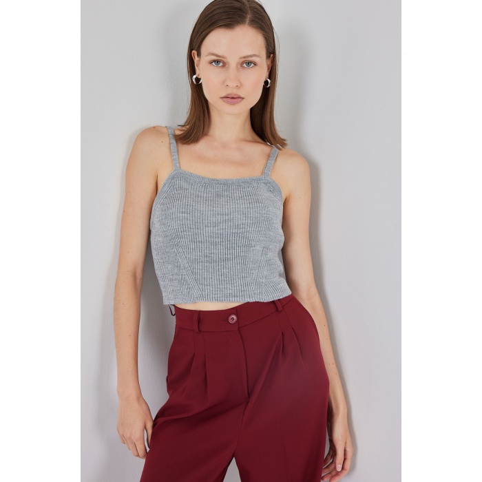 Kadın Askılı Crop Top Bluz 15934 - Gri