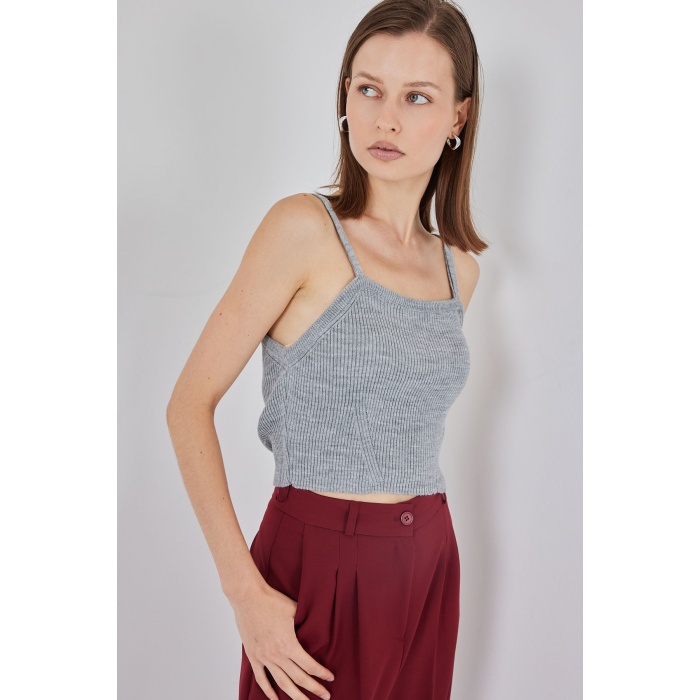 Kadın Askılı Crop Top Bluz 15934 - Gri