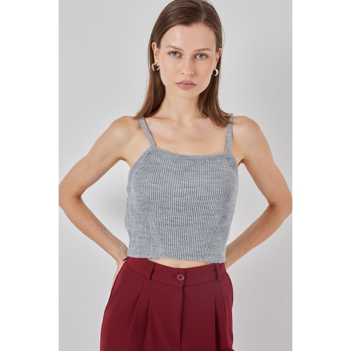 Kadın Askılı Crop Top Bluz 15934 - Gri