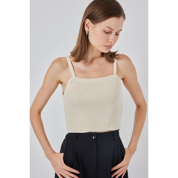 Kadın Askılı Crop Top Bluz 15934 - Krem