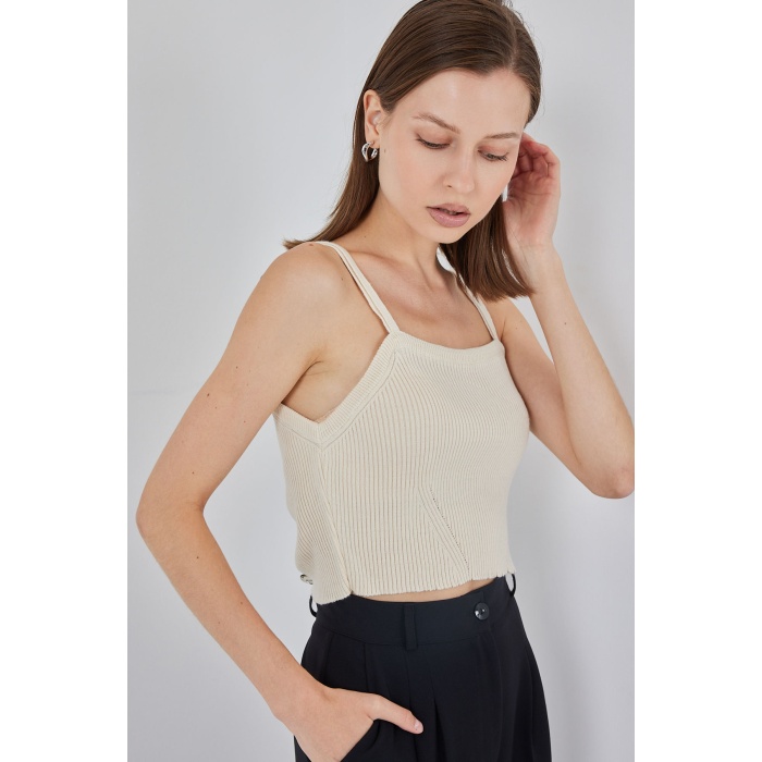 Kadın Askılı Crop Top Bluz 15934 - Krem