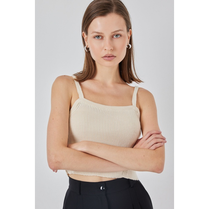 Kadın Askılı Crop Top Bluz 15934 - Krem