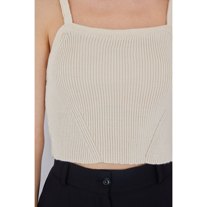 Kadın Askılı Crop Top Bluz 15934 - Krem