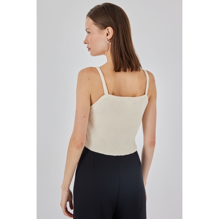 Kadın Askılı Crop Top Bluz 15934 - Krem