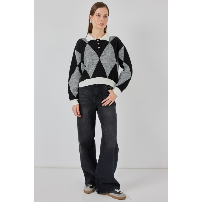 Kadın Crop Triko Kazak 15936 - D. Siyah
