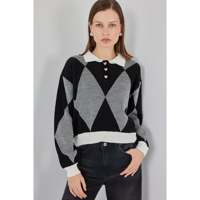 Kadın Crop Triko Kazak 15936 - D. Siyah