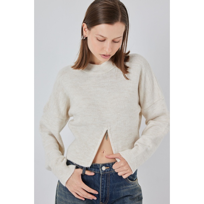 Kadın Fermuarlı Triko Kazak 15937 - Ekru