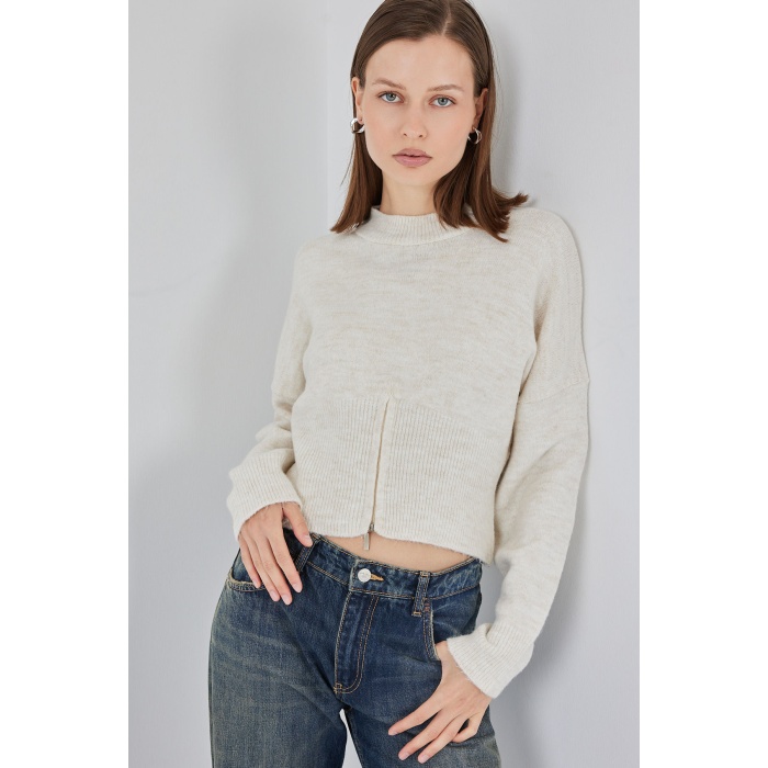 Kadın Fermuarlı Triko Kazak 15937 - Ekru