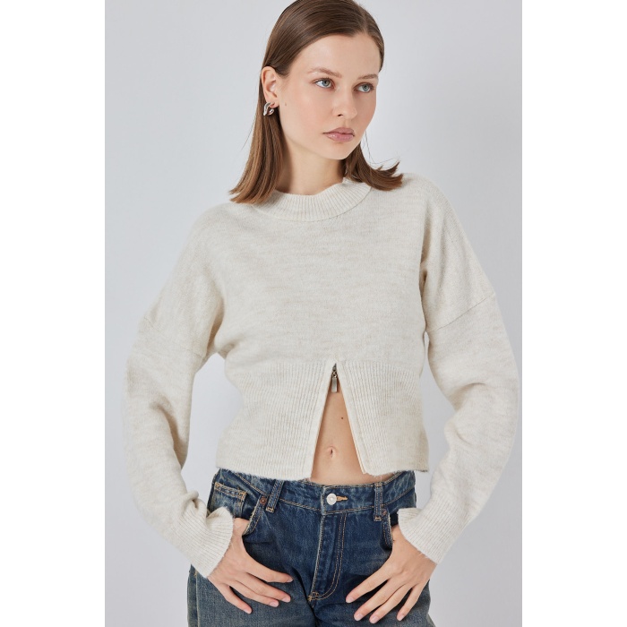 Kadın Fermuarlı Triko Kazak 15937 - Ekru
