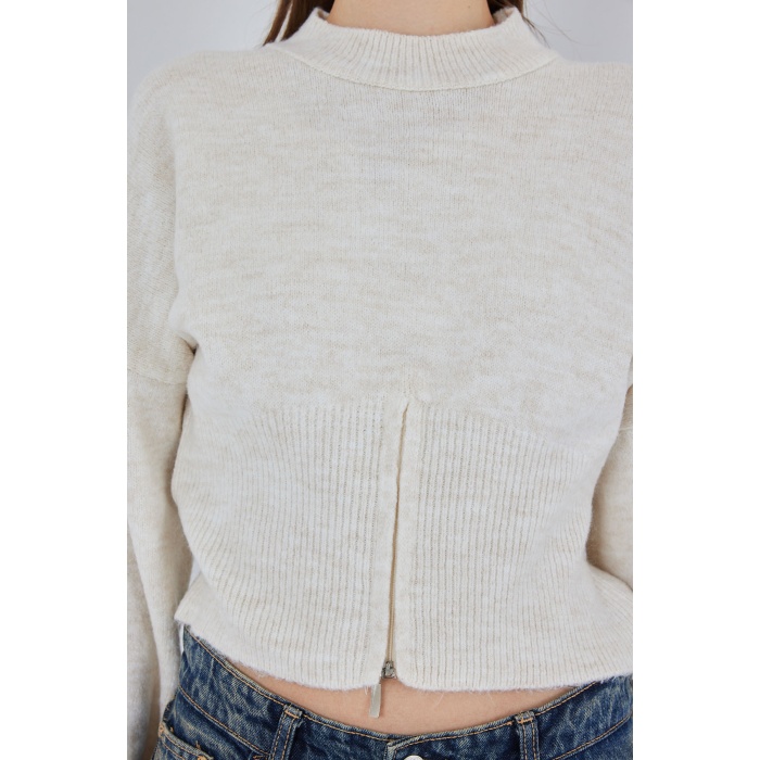 Kadın Fermuarlı Triko Kazak 15937 - Ekru