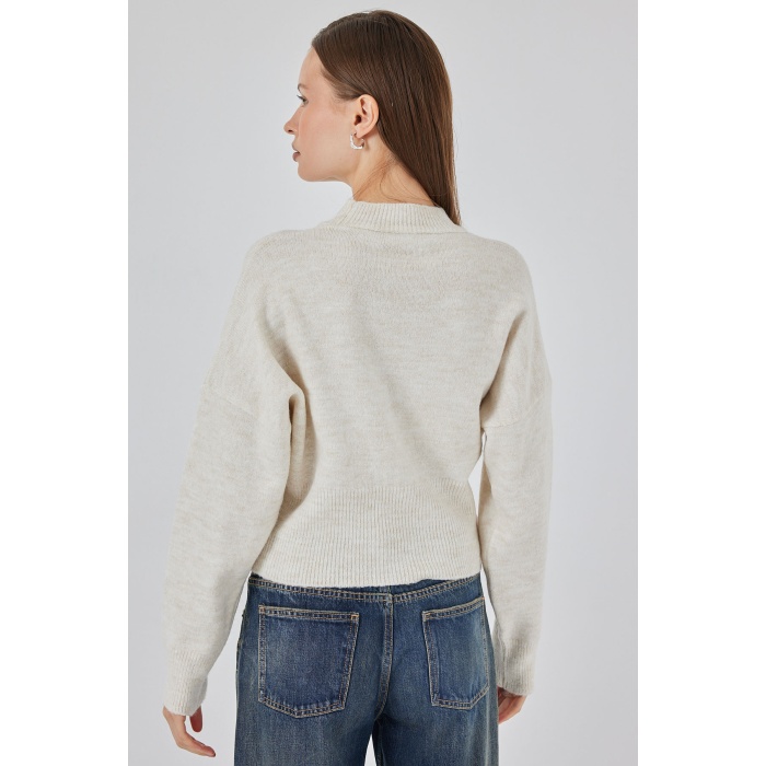 Kadın Fermuarlı Triko Kazak 15937 - Ekru