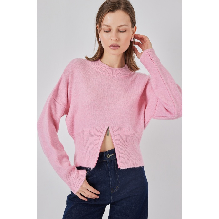 Kadın Fermuarlı Triko Kazak 15937 - Pembe