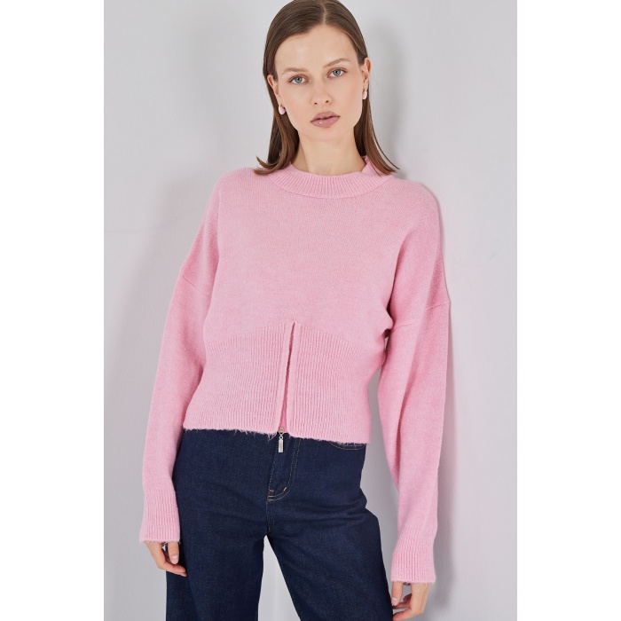 Kadın Fermuarlı Triko Kazak 15937 - Pembe