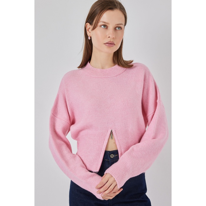 Kadın Fermuarlı Triko Kazak 15937 - Pembe