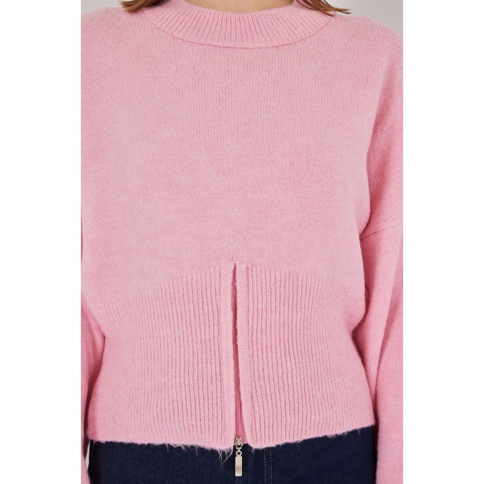 Kadın Fermuarlı Triko Kazak 15937 - Pembe