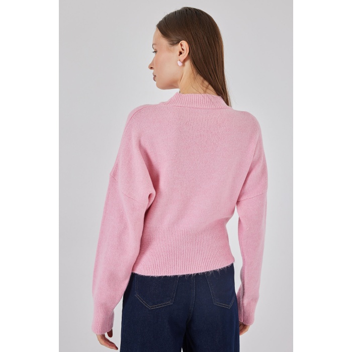 Kadın Fermuarlı Triko Kazak 15937 - Pembe