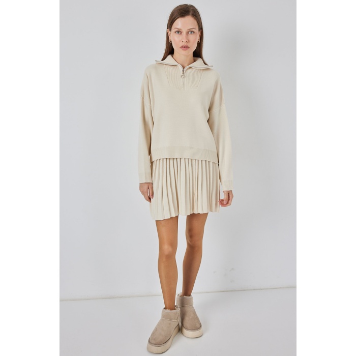 Kadın Kazak Etek İkili Takım 15938 - Ekru