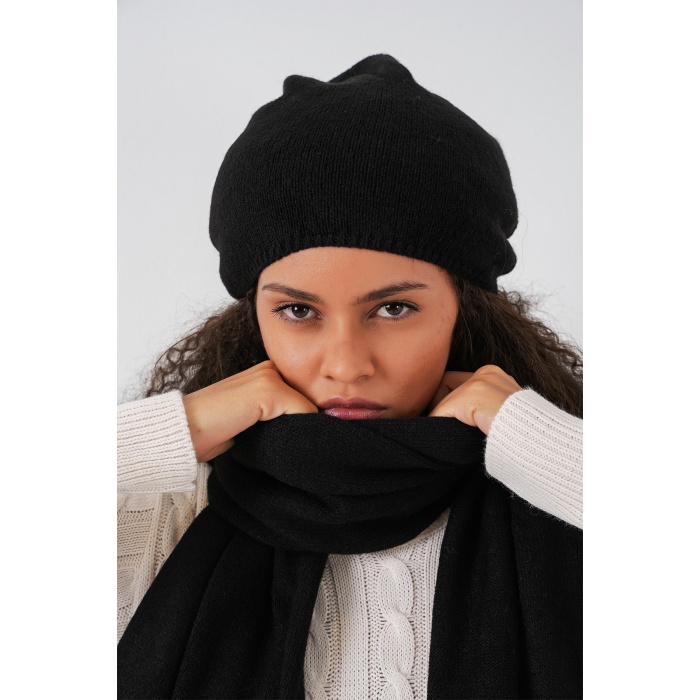 Kadın Triko Atkı Bere 15939 - Siyah