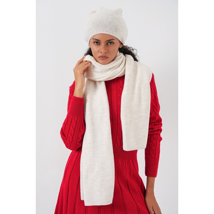 Kadın Triko Atkı Bere 15939 - Ekru