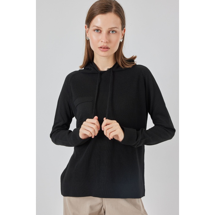Kadın Kapüşonlu Triko Kazak 15941 - Siyah