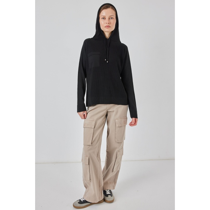 Kadın Kapüşonlu Triko Kazak 15941 - Siyah