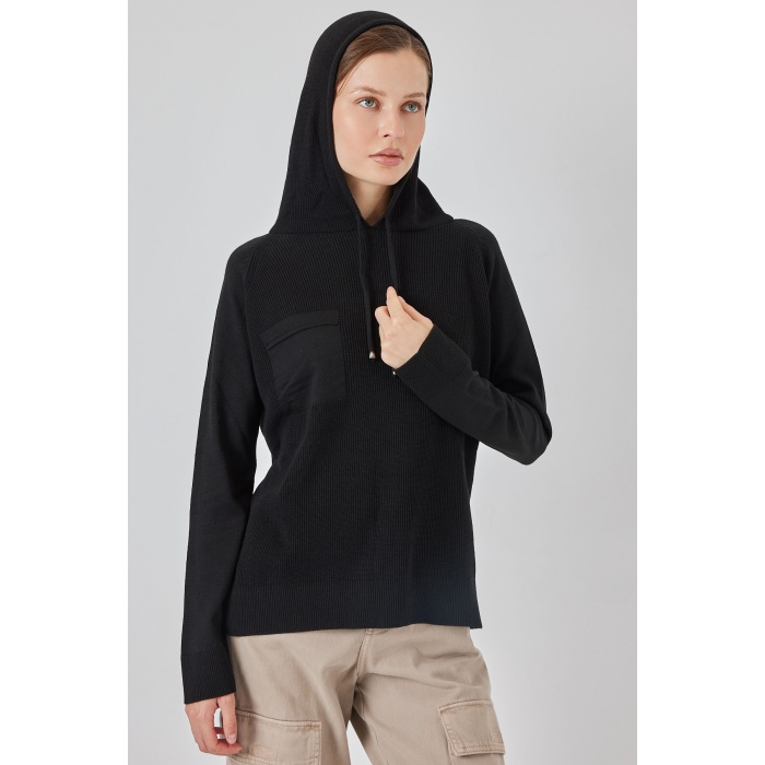 Kadın Kapüşonlu Triko Kazak 15941 - Siyah