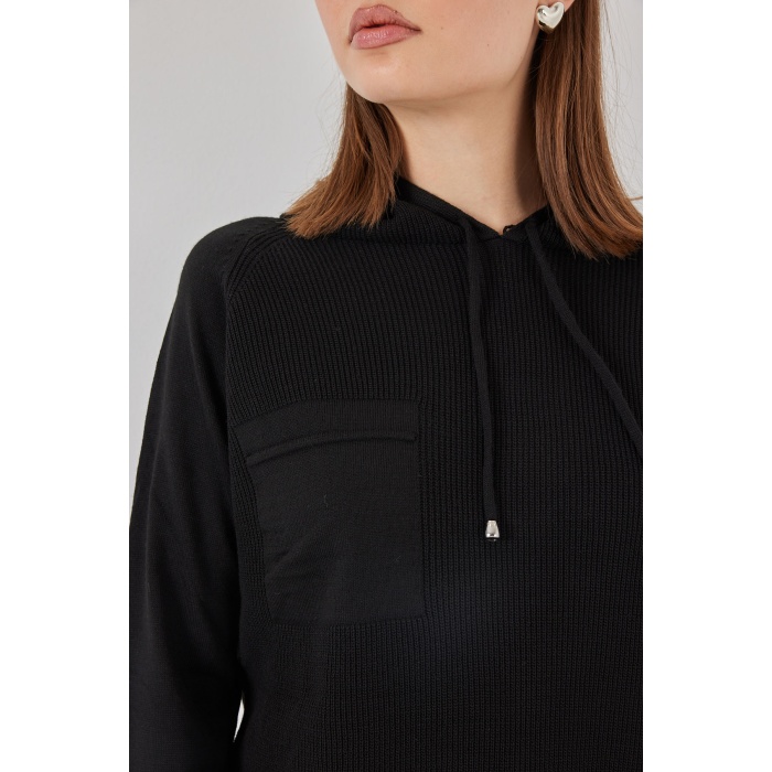 Kadın Kapüşonlu Triko Kazak 15941 - Siyah