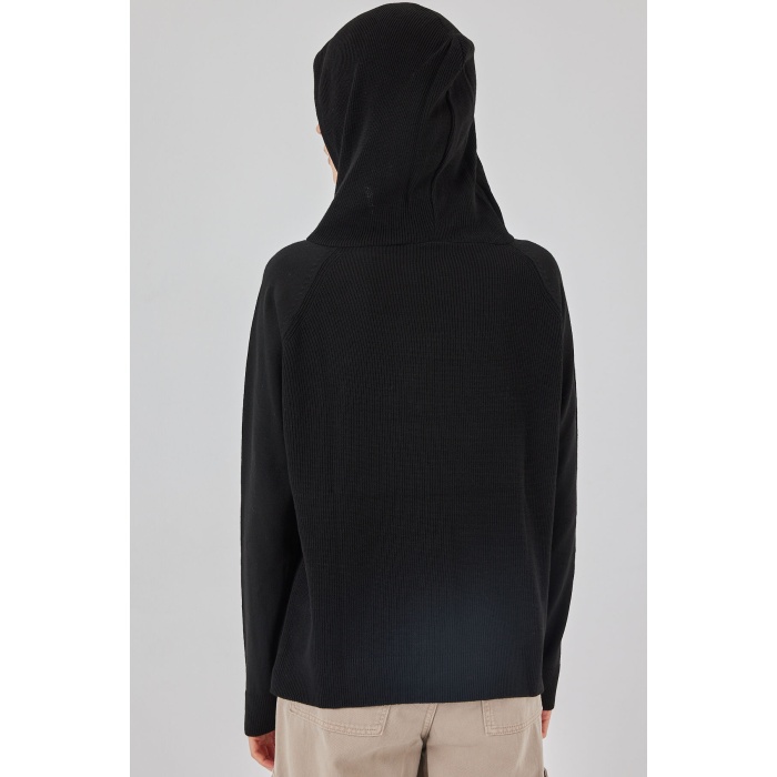Kadın Kapüşonlu Triko Kazak 15941 - Siyah