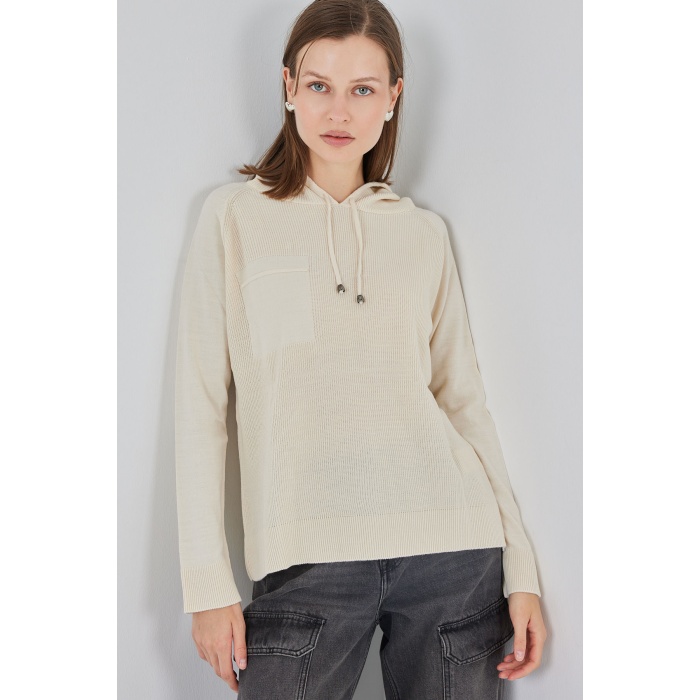 Kadın Kapüşonlu Triko Kazak 15941 - Ekru