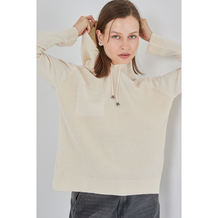 Kadın Kapüşonlu Triko Kazak 15941 - Ekru