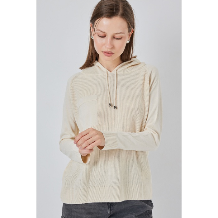 Kadın Kapüşonlu Triko Kazak 15941 - Ekru