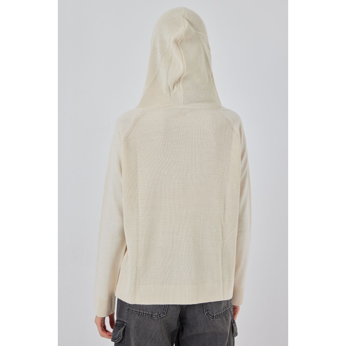 Kadın Kapüşonlu Triko Kazak 15941 - Ekru