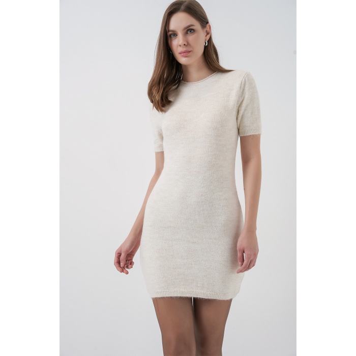Kadın Kısa Kol Triko Elbise 15950 - Krem