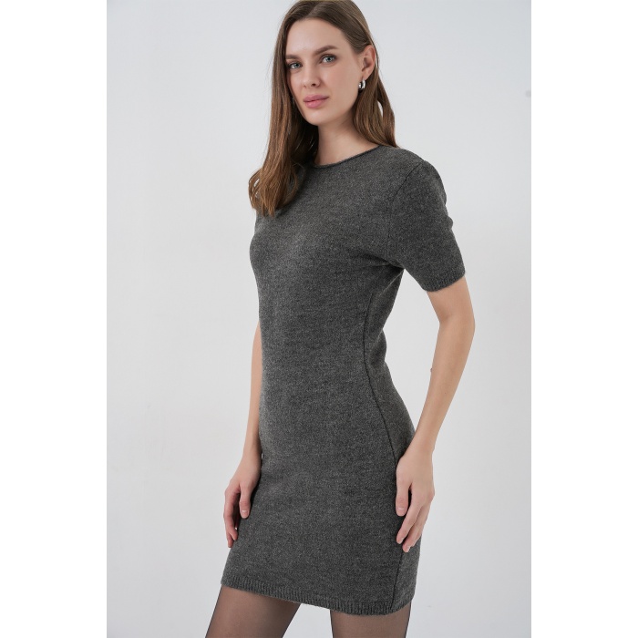 Kadın Kısa Kol Triko Elbise 15950 - Antrasit
