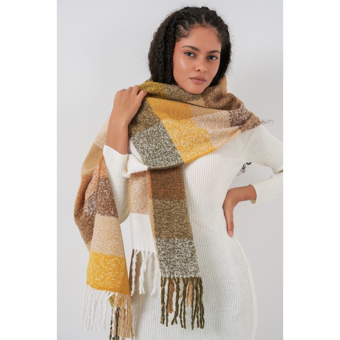 Kadın Yumuşak Dokulu Kalın Şal Atkı 15951 - Hardal