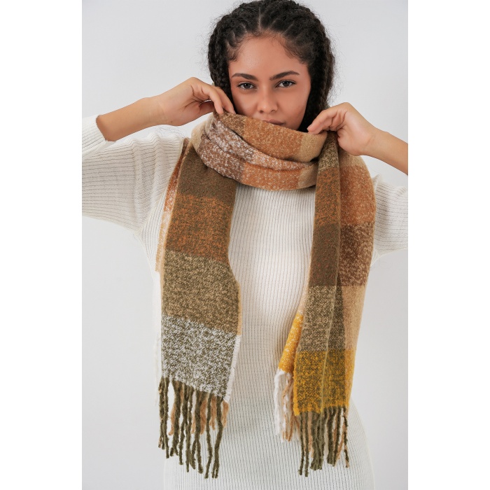 Kadın Yumuşak Dokulu Kalın Şal Atkı 15951 - Hardal